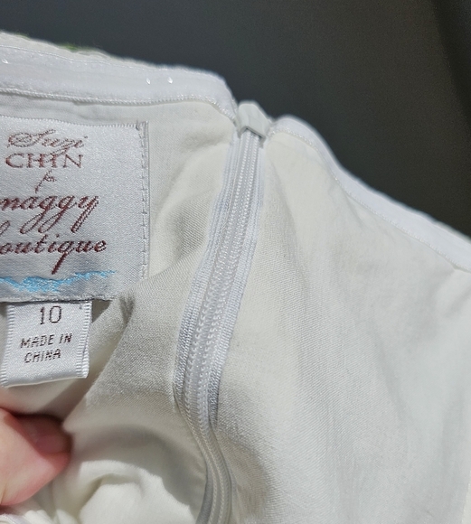 SUZI CHIN Strapless Corset Green and White Silk Dress Ruched Size M 10 - Picture 10 of 12